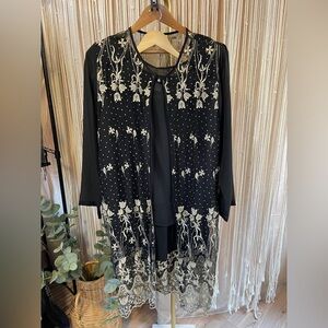 Vintage SAM Black and Gold Embroidered 3 piece skirt suit formal size 3XL